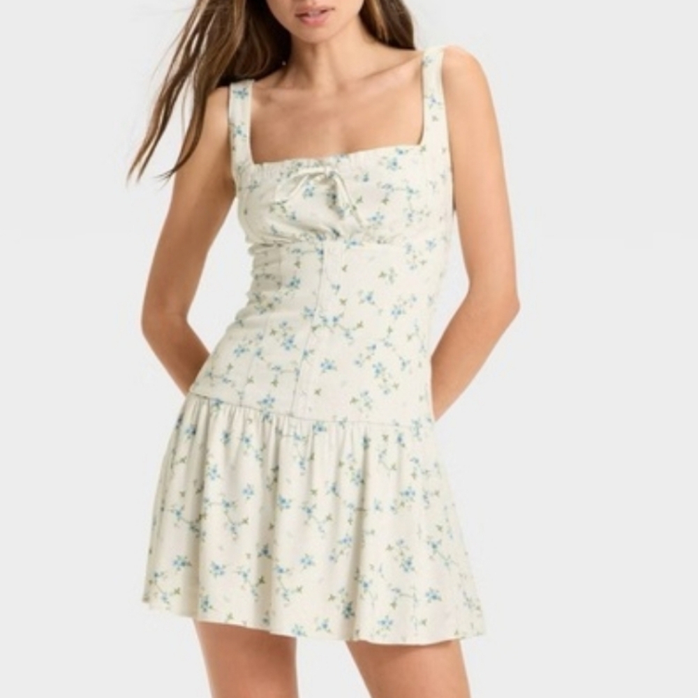 Wild Fable Blue Floral Tie Front Mini Dress Babydoll Button Down White XL